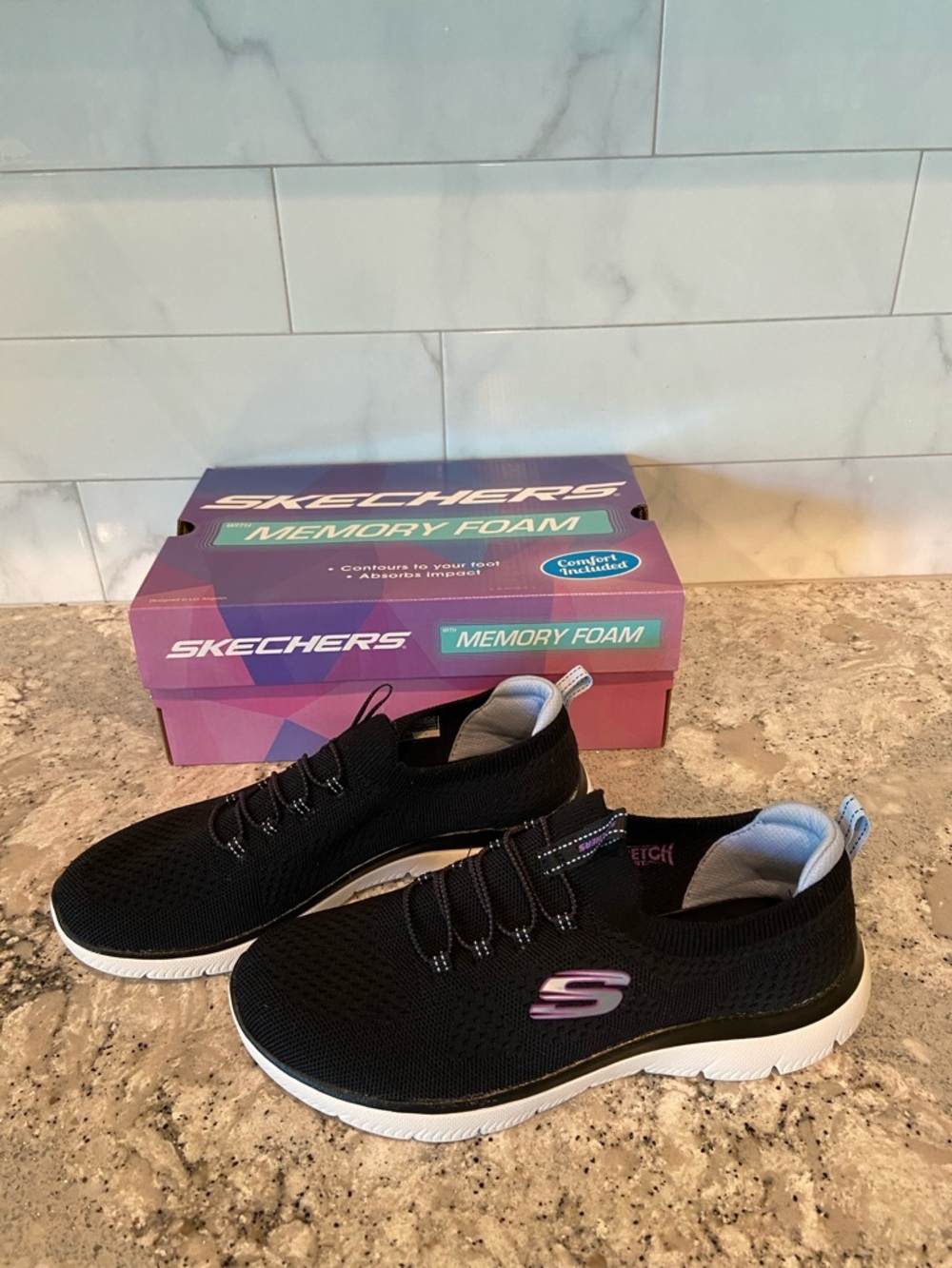 Skechers Black Knit Slip-On Sneakers with Pink Accent